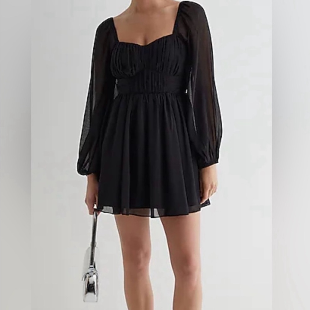 Express Black Long Sleeve Mini Babydoll Dress